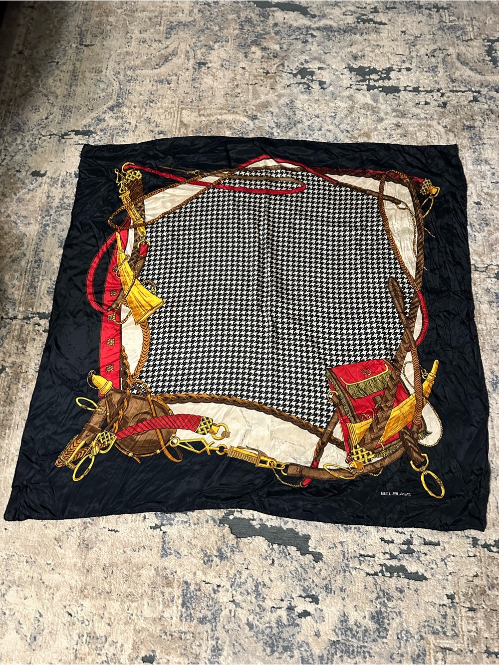 Bill Blass Houndstooth Equestrian Print Silk Scarf